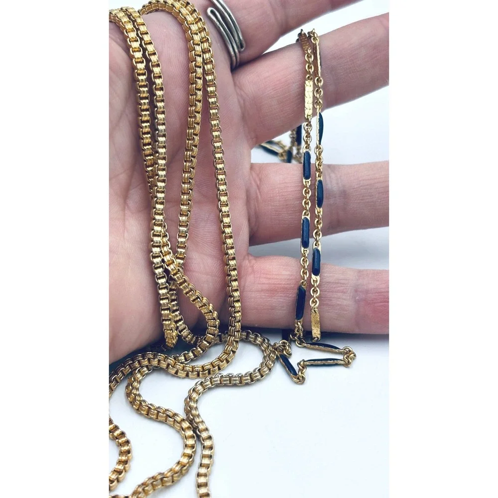 2 Les Bernard Inc Vintage Gold Tone Box Chain and Blue Enamel Necklace Set 2pc